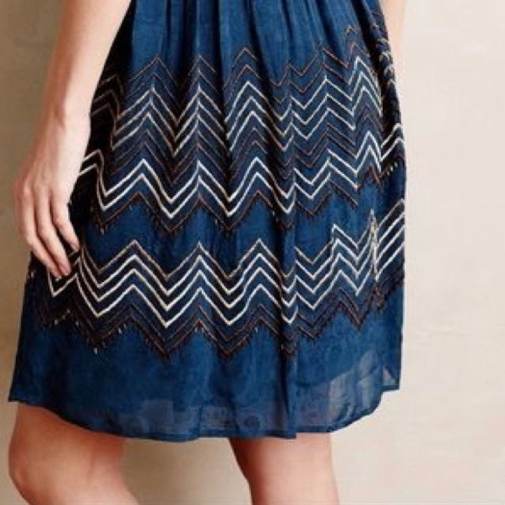 Anthropologie Meadow Rue Embroidered Beaded Chevron Dress blue size 0 - Picture 4 of 11